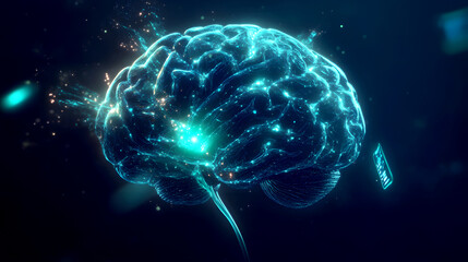 Obraz premium A sci-fi inspired digital illustration of a human brain with glowing plexus lines converging into a central data core