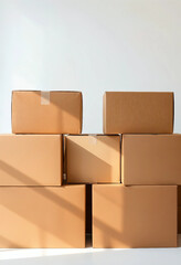 A set of neatly packed cardboard boxes stacked on a white background, with space for promotional text, emphasizing efficiency for moving services.