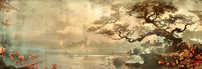 Tranquil Landscape with Misty Mountains and a Serene Lake
