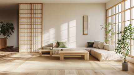 Fototapeta premium A Japandi-style living space with a light wood floor, simple fabric sofa, shoji screen room divider, and tatami mats. Soft, neutral color palette with subtle green accents