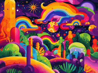 Ai Generated Art Abstract Funky 2D Flat Trippy Psychodelic Magical Forest Background in Purple Yellow Pink Blue Rainbow Bright Colors