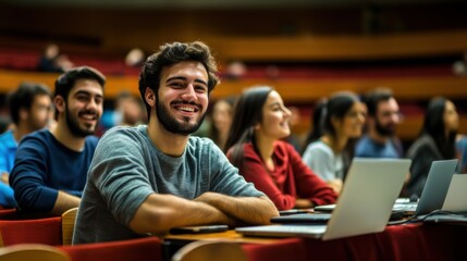 Group of students attentively listening during lecture in university hall, showcasing diverse education and technology use.