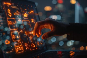 Close-up of Hand Interacting with Futuristic Financial Dashboard on Tablet at Night.