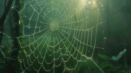 Close-up of a Spider Web with Dew Drops in a Misty Forest at Sunrise?