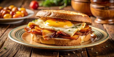 A delicious bacon and egg sandwich, topped with crispy bacon and melted cheddar cheese, on a vintage-inspired plate, against a warm, sunny background.