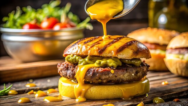 A delicate pouring shot of picalilli flowing from a spoon onto a freshly grilled burger patty, with a blurred background to emphasize the action.