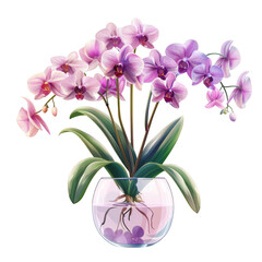 A beautiful arrangement of purple orchids in clear vase, showcasing vibrant colors and lush green leaves, evoking sense of tranquility and elegance. 