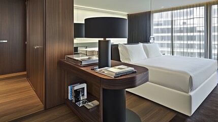 The modern living room showcases a wall-mounted TV above a wooden console table, accented by books and decor, with a stylish black lamp illuminating the tranquil space