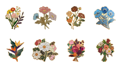PNG flower enamel pin badge element set, transparent background