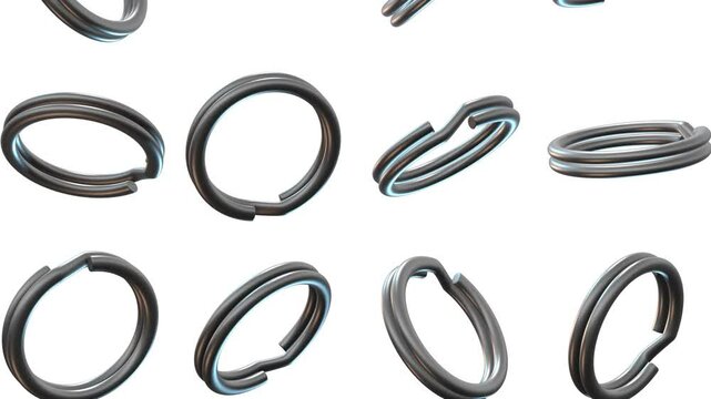 3D Key Rings Falling on a White Background. Keychain Rings 3D Animation. 4K