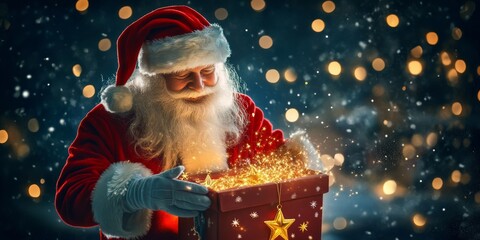 Santa claus opening a magic christmas gift with sparkling lights