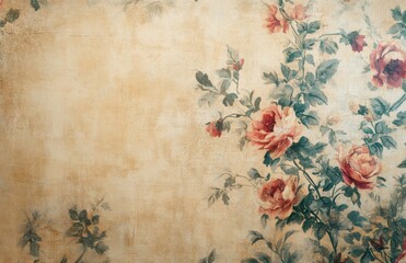Vintage floral background with faded red roses and green leaves on an aged, textured parchment.
