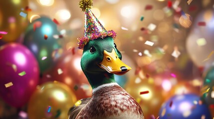 Happy Cute Animal Duck Mallard Wearing a Clown Hat, Celebrating New Year Celebration or Fancy Birthday Party, Lots of Balloons with Shiny Ribbons.