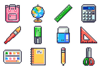 Pixel Art School Supplies Icons Set. Retro 8bit collection of essential classroom tools - backpack, globe, ruler, calculator, paintbrush, highlighter, eraser, triangle, notebook, pencil, scissors 