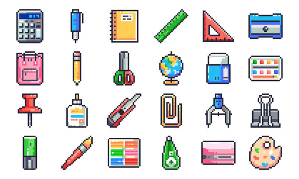 Pixel Art Complete School and Office Supplies Set. 8 Bit Stickers of Pixelated Stationery - Calculator, Pencil, Notebook, Ruler, Sharpener, Eraser, Scissors, Glue bottle, Globe, Utility Knife, Etc.