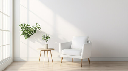 Fototapeta premium A minimalist living room corner with a white armchair, a small side table, and a green plant in a simple pot. The walls are painted in a soft, neutral color