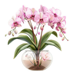 A beautiful pink orchid plant in glass vase, showcasing vibrant flowers and lush green leaves, exuding elegance and tranquility. 