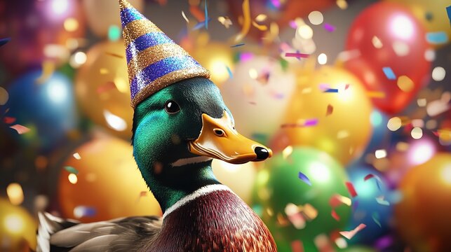 Happy Cute Animal Duck Mallard Wearing a Clown Hat, Celebrating New Year Celebration or Fancy Birthday Party, Lots of Balloons with Shiny Ribbons. - Powered by Adobe