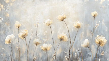 Hand Painted Oil Flower Canvas. Psychology, Meditation, Yoga, Health Summer Texture. Wheat, Grass, Flowers Organic Oil Painting. Stylized Modern Floral Background. Serene Female Cosmetic Illustration.