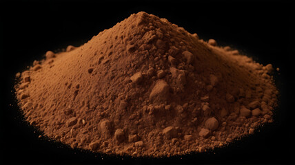 Dark brown cinnamon powder, finely ground, isolated on a black background, showcasing its deep earthy tones