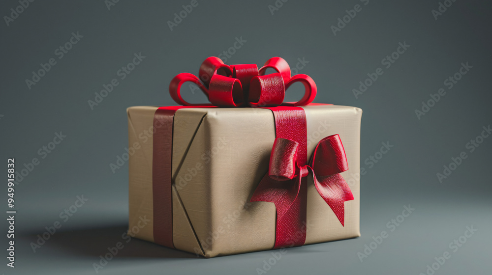Poster Wrapped gift box with red ribbon is waiting to be opened on a simple grey background