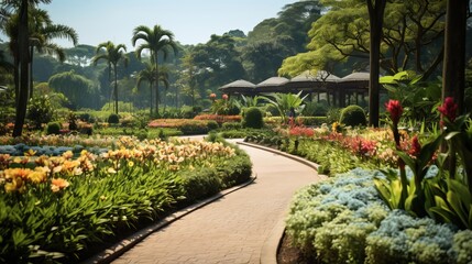 Serene Tropical Garden Path with Lush Greenery and Vibrant Flowers