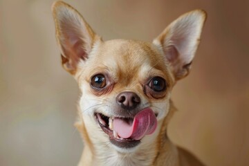 Obraz premium A cheerful chihuahua dog smiles while looking at the camera, capturing its lively and friendly personality, A sassy chihuahua sticking out its tongue, AI generated