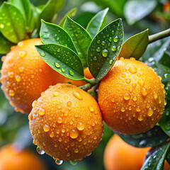 A Fresh oranges adorned with water droplets plant image
