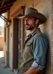 Fototapeta premium A cowboy leans against a rustic building, blending country charm with modern style. Warm light highlights his outfit.