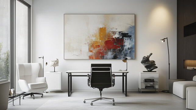 A modern home office space designed as a mini art gallery, with a large abstract painting, minimalist white furniture, and a spotlight highlighting a sculpture on a side table