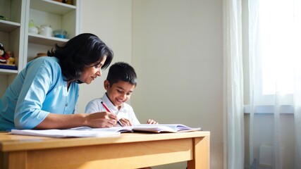 Indian Mom and Young Son Engaging in Home Learning Activity Together