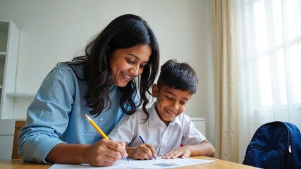 Happy Indian Family Moment: Mother Helps Son with School Assignments