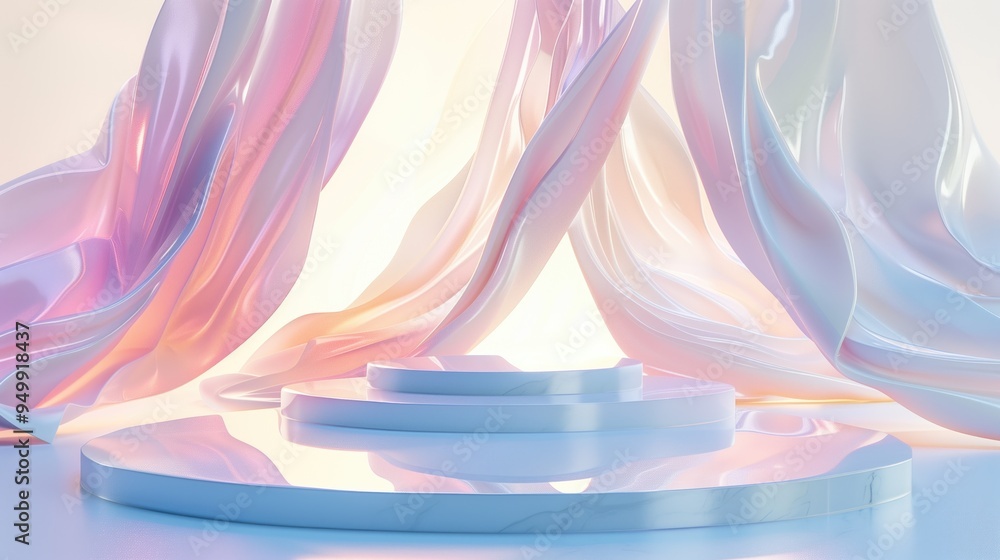 Aufkleber elegant abstract display background with soft pastel drapes and glossy round podium.