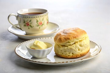 A simple, yet elegant, still life featuring a single scone, a small pat of butter, and a delicate china cup, set against a crisp, white background.