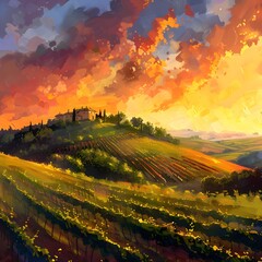 Naklejka premium A Vineyard on a hill at sunset vineyard outdoors nature. 