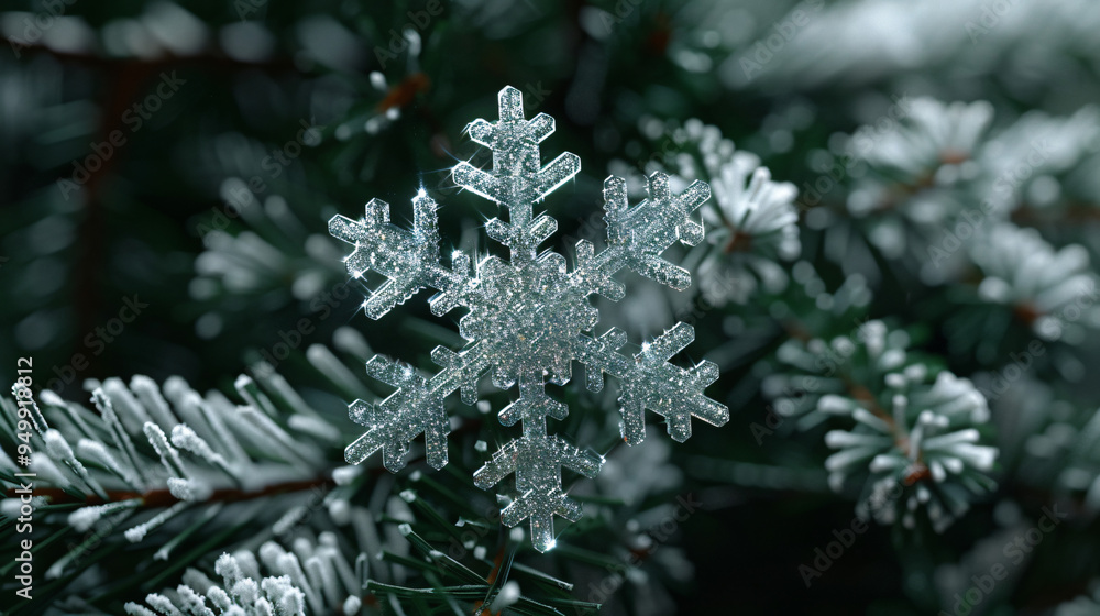 Poster shimmering silver snowflake ornament adorns a christmas tree with a blurred background