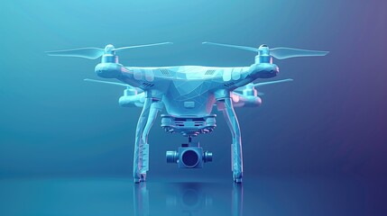 High-tech drone with camera standing on reflective surface in soft gradient lighting.