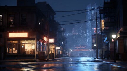 Obraz premium Rainy Night in the City: Urban Landscape with Neon Lights