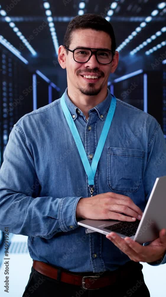 Poster happy engineer in data center server room configuring ai