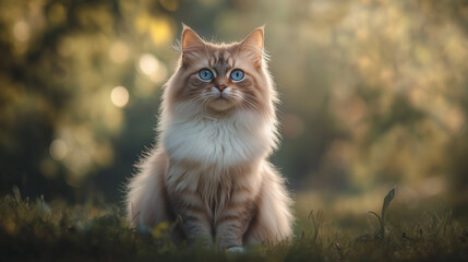 Obraz premium Healthy Young Cat Sitting in a Park. Elegand Kitten with Cute Eyes. Summer or Autumn Kitten Ad in the Nature. Feline Ad Sweet Wallpaper. Animal Services Advert Background. Sweet Young Cat Photo.
