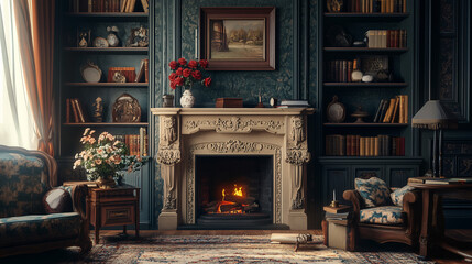 A quiet, vintage-inspired reading room featuring a fireplace, an ornate mantelpiece, and shelves lined with antique books and decorative objects