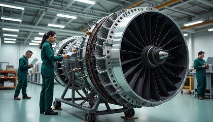 A detailed side view of an advanced jet engine in a bright, organized hangar, showcasing precision and technology.