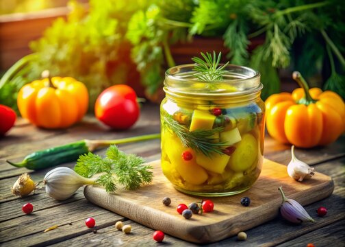 A jar of picalilli on a distressed wooden table, surrounded by scattered vegetables and a sprig of fresh dill, bathed in warm afternoon sunlight.