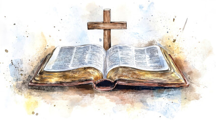 An open bible lies on a table, its pages gently curling, accompanied by a wooden cross, creating a peaceful atmosphere of faith and reflection