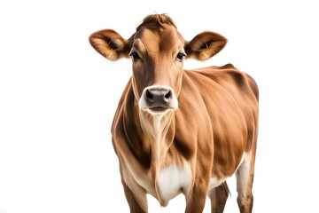 A serene jersey cow with a sleek brown coat and big gentle eyes standing on a white background, AI Generated