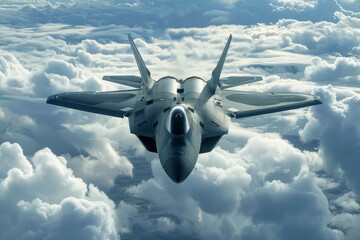 A fighter jet soaring through the clear blue sky, showcasing its sleek design and powerful presence in flight, A sleek, stealthy fighter jet evading enemy radar detection. Ai generated