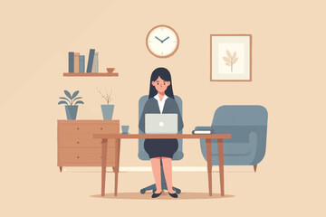Illustration of a career woman doing her office work with a laptop