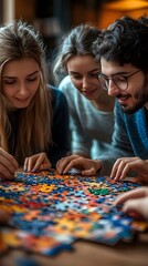 Fototapeta premium Three friends work together to complete a large jigsaw puzzle, laughing and enjoying each other's company.