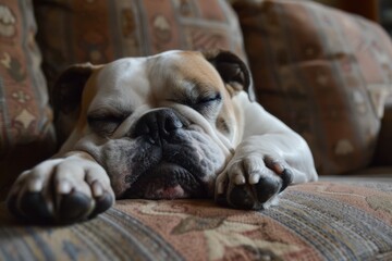 Obraz premium A bulldog napping comfortably on a couch, embodying tranquility and cuteness in its restful pose. A sleepy bulldog snoring on the couch, AI generated