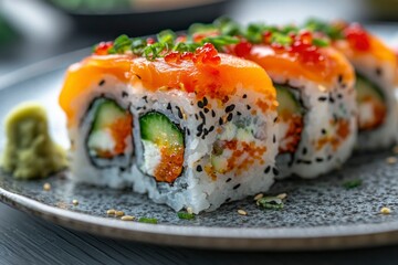 Close-up of Three Salmon Sushi Rolls with Red Caviar and Green Onions